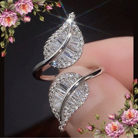 Cubic Zirconia Leaf Shaped Open Ring - Picture 13 of 13